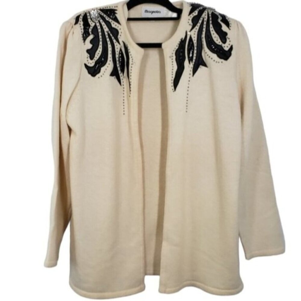 Vintage  Sweater Faux Leather  Women's Large Lambswool Angora Open Cardigan